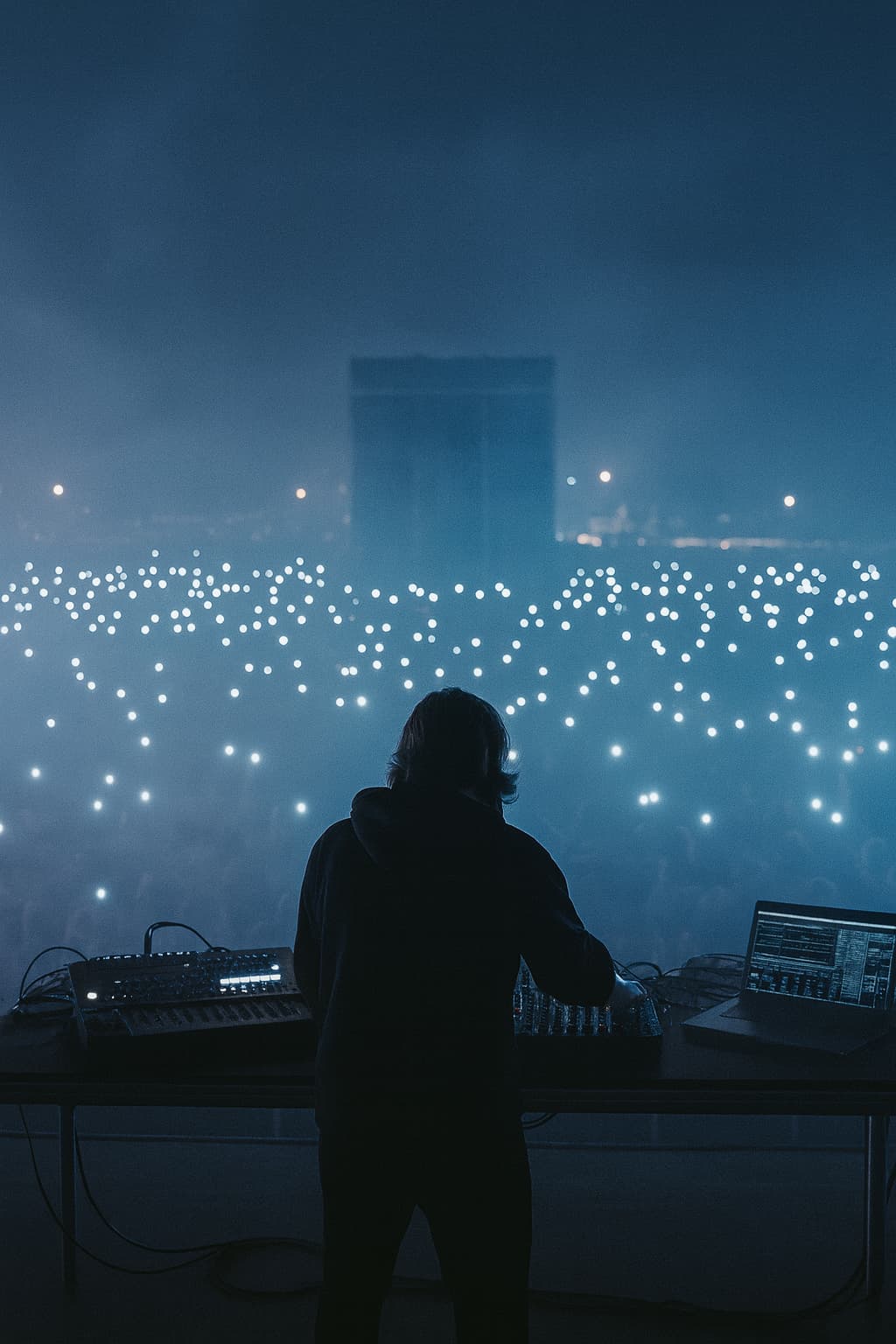 Academia de DJ en Colombia: DJ frente al público en un evento de música electrónica, formación DNA Music